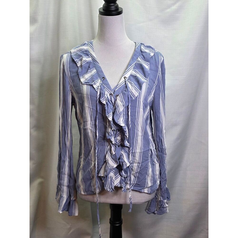 Altar'd State Blue Striped Ruffled Bell Sleeve Boho Top Size Small